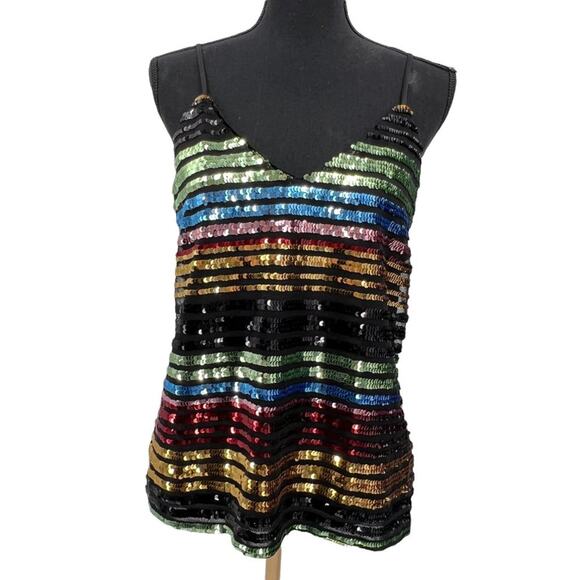 Express Black Rayon‎ Blend Multicolor All Over Sequins Striped  Cami - Picture 3 of 8